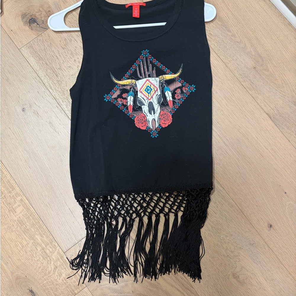 Juniors Black Graphic Fringe Tank Top